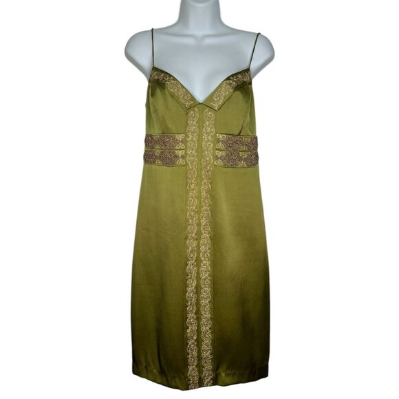 Vintage Nicole Miller Collection Satin Slip Dress Green Beaded Embroidery Silk 6 - Picture 1 of 11